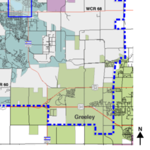 Clearview Library District Map showing the areas west of 71st Avenue in Greeley that are included in the Library District