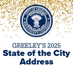 
Blue and white circular seal of the City of Greeley, Colorado, surrounded by gold confetti at the top. Text below reads Greeley's 2025 State of the City Address.